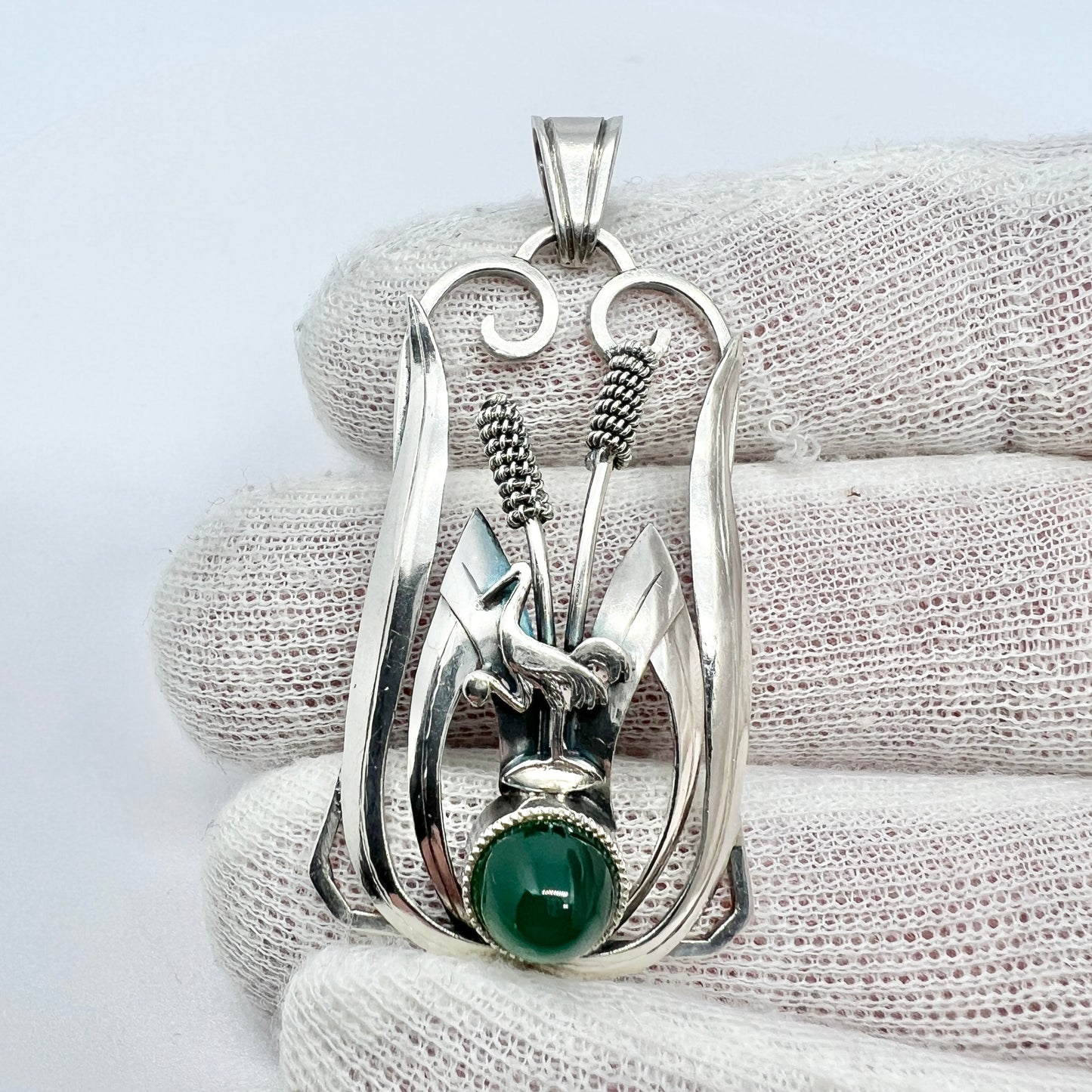 H Malmqvist, Sweden 1956. Vintage Sterling Silver Chrysoprase Bird Pendant.