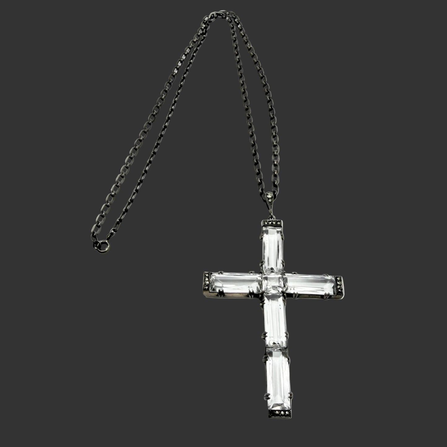 Vintage ca 1930. Large Art Deco Solid Silver Quartz Cross Pendant Necklace.