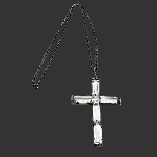 Vintage ca 1930. Large Art Deco Solid Silver Quartz Cross Pendant Necklace.
