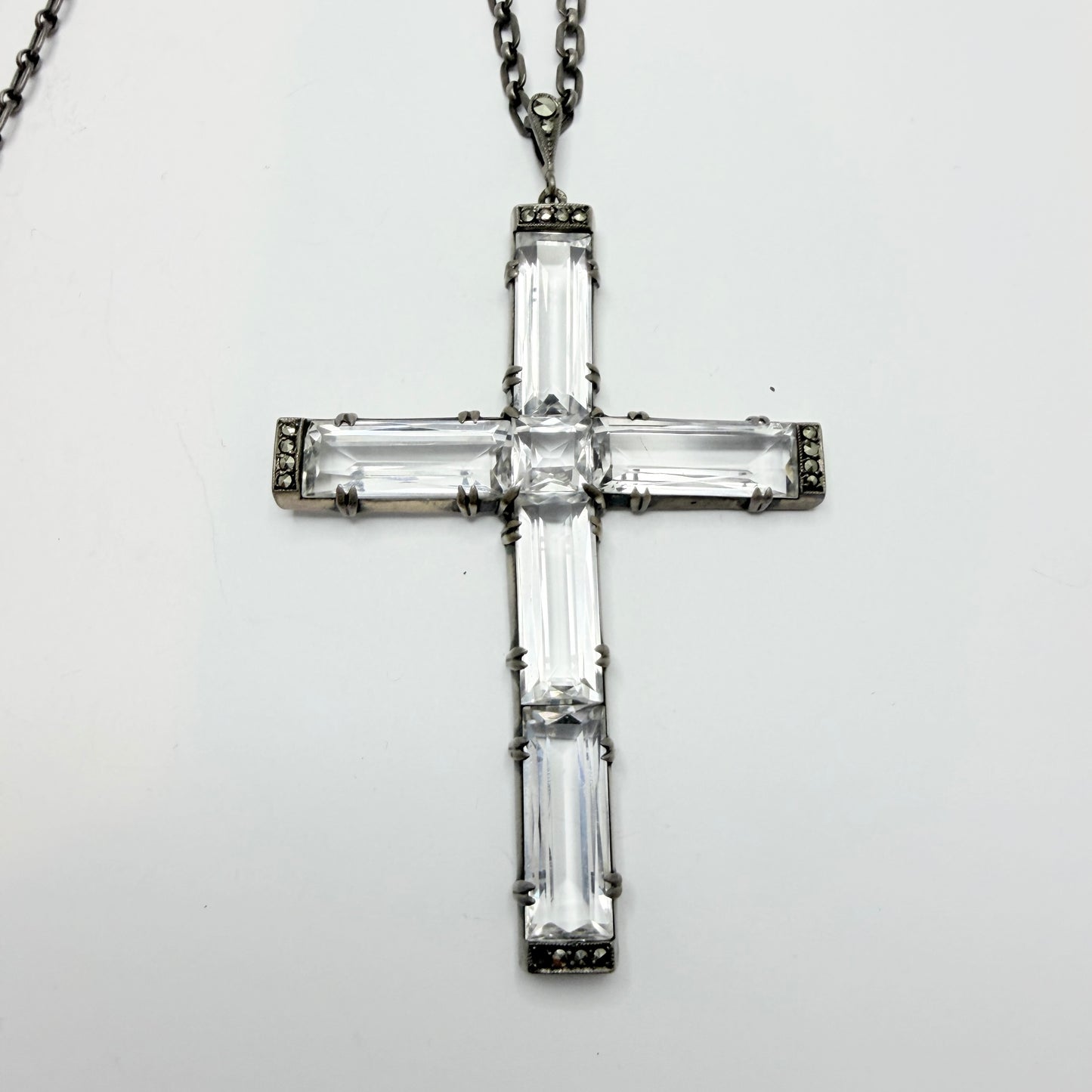 Vintage ca 1930. Large Art Deco Solid Silver Quartz Cross Pendant Necklace.