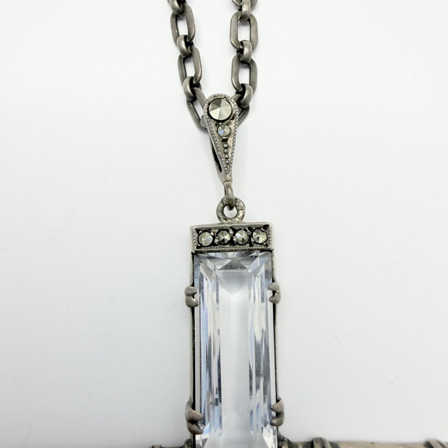 Vintage ca 1930. Large Art Deco Solid Silver Quartz Cross Pendant Necklace.