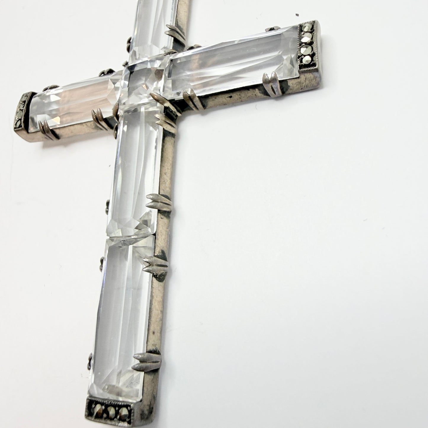 Vintage ca 1930. Large Art Deco Solid Silver Quartz Cross Pendant Necklace.