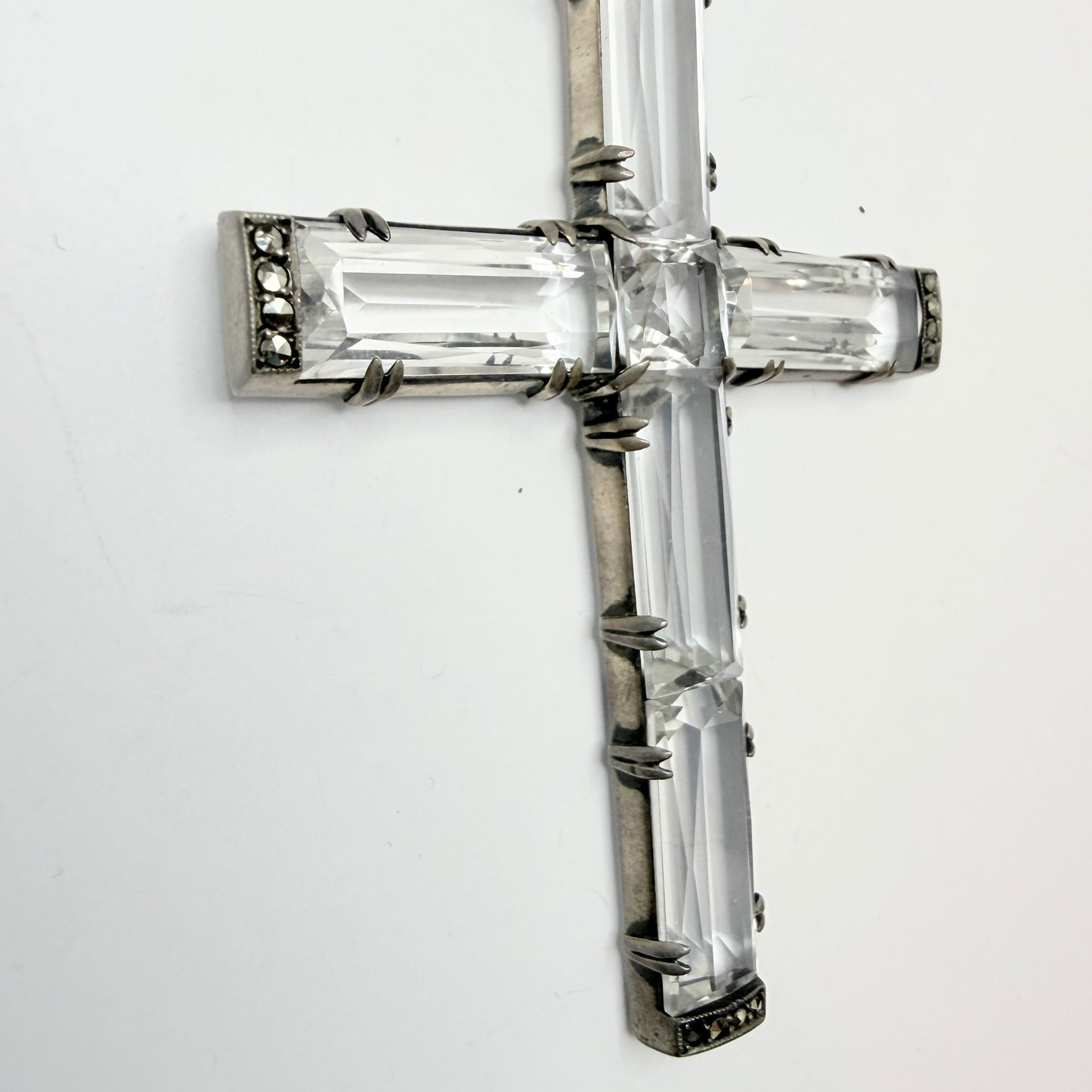Vintage ca 1930. Large Art Deco Solid Silver Quartz Cross Pendant Necklace.