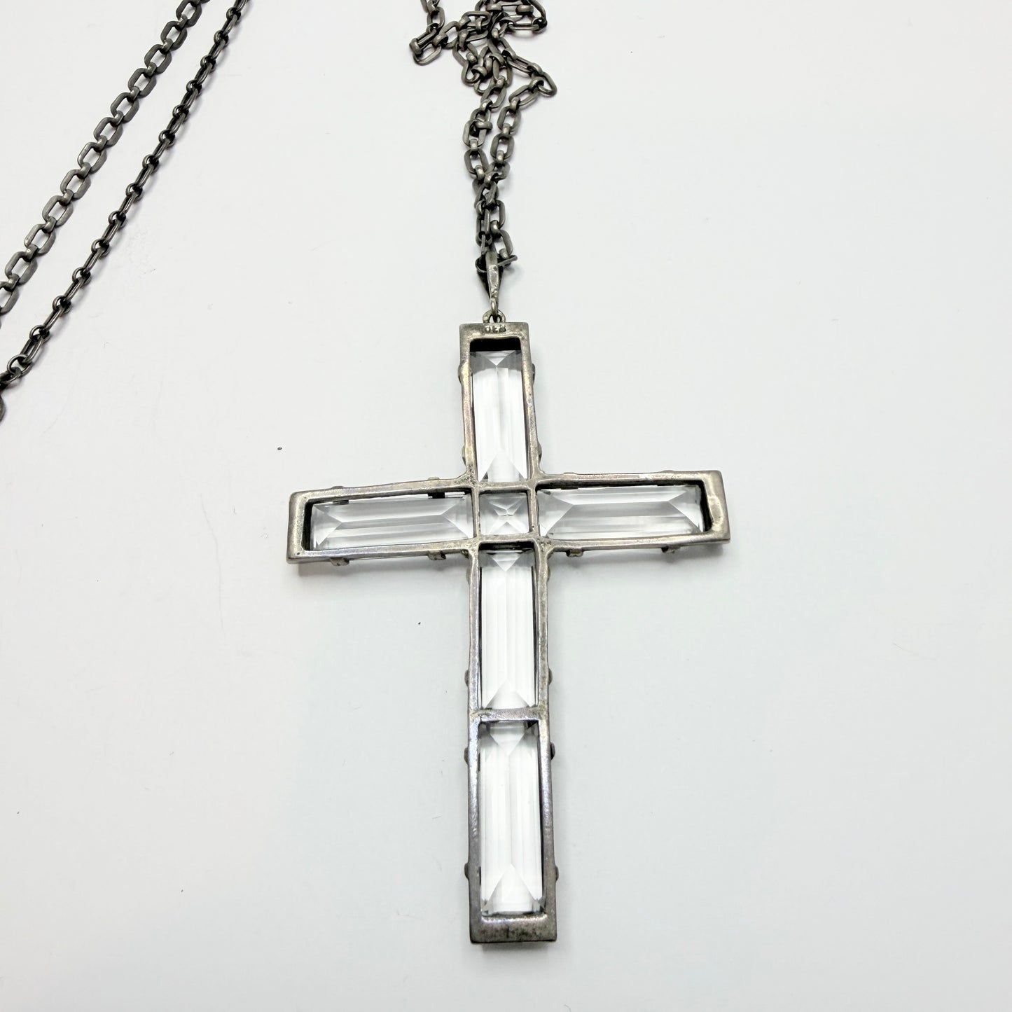 Vintage ca 1930. Large Art Deco Solid Silver Quartz Cross Pendant Necklace.