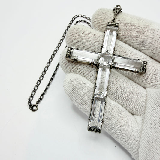 Vintage ca 1930. Large Art Deco Solid Silver Quartz Cross Pendant Necklace.
