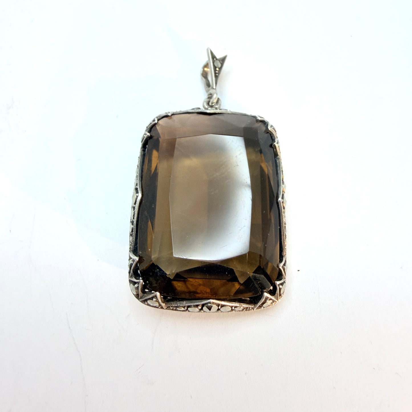 Maker JF. Vintage Art Deco Sterling 935 Silver Smoky Quartz Pendant.