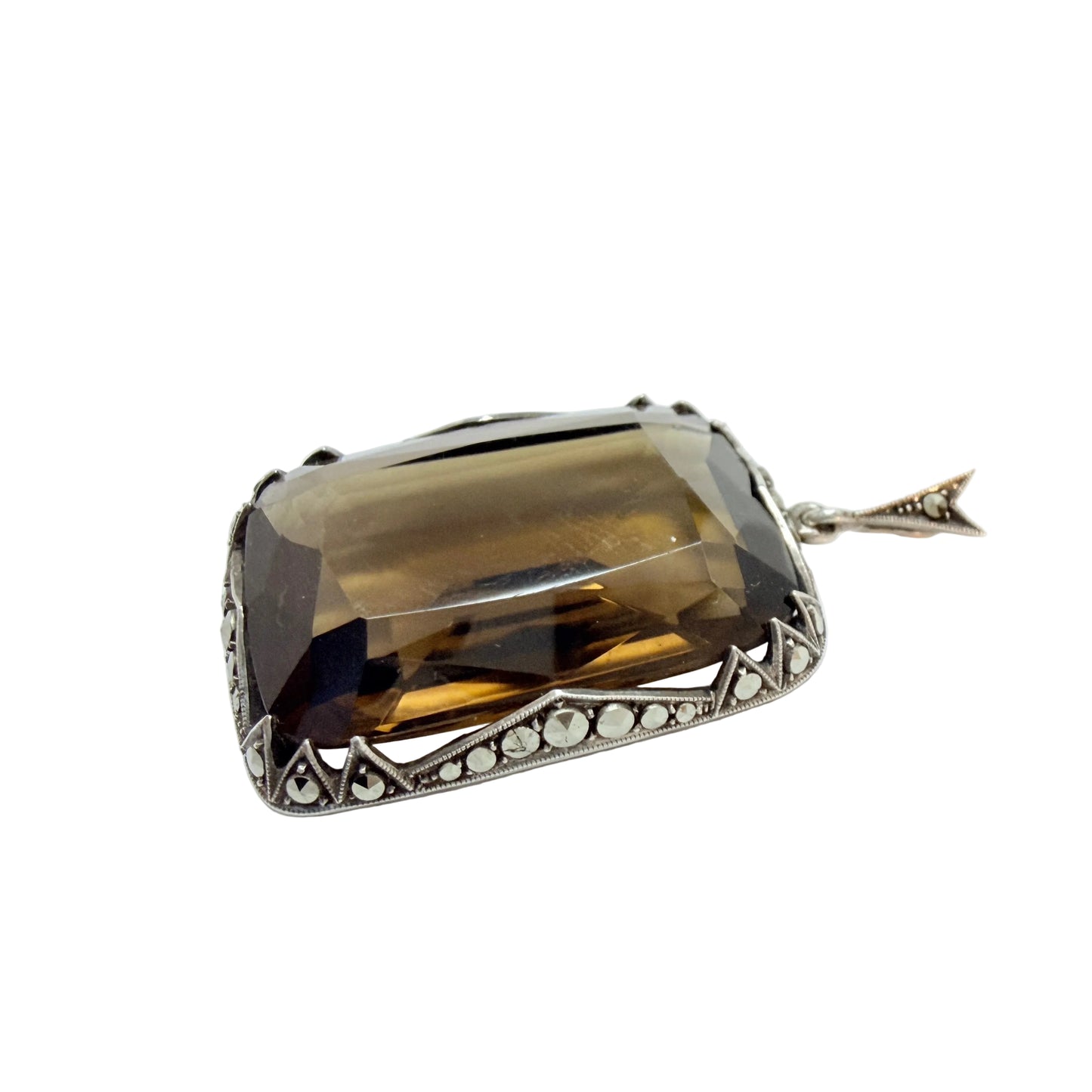 Maker JF. Vintage Art Deco Sterling 935 Silver Smoky Quartz Pendant.