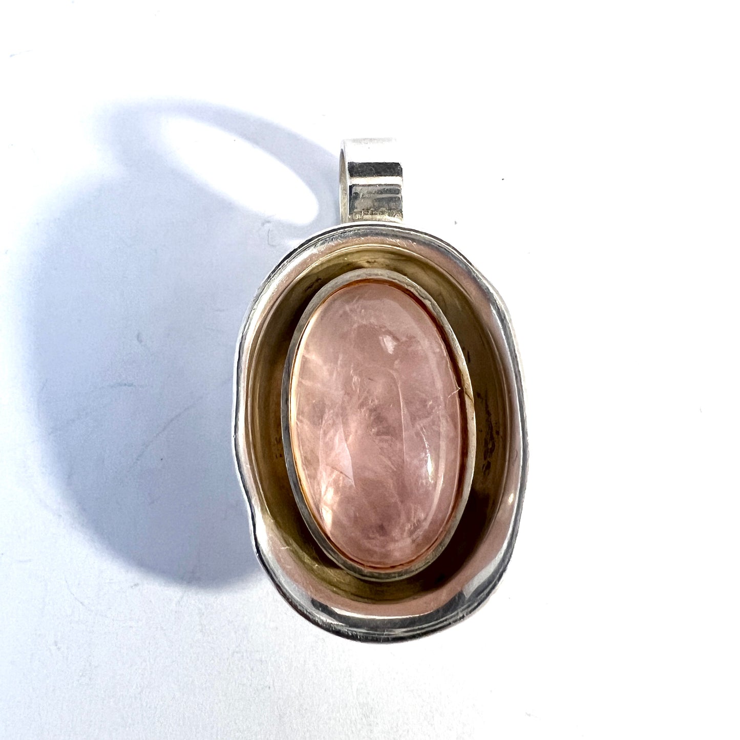 Elis Kauppi, Kupittaan Kulta Finland 1970s. Sterling Silver Rose Quartz Pendant.