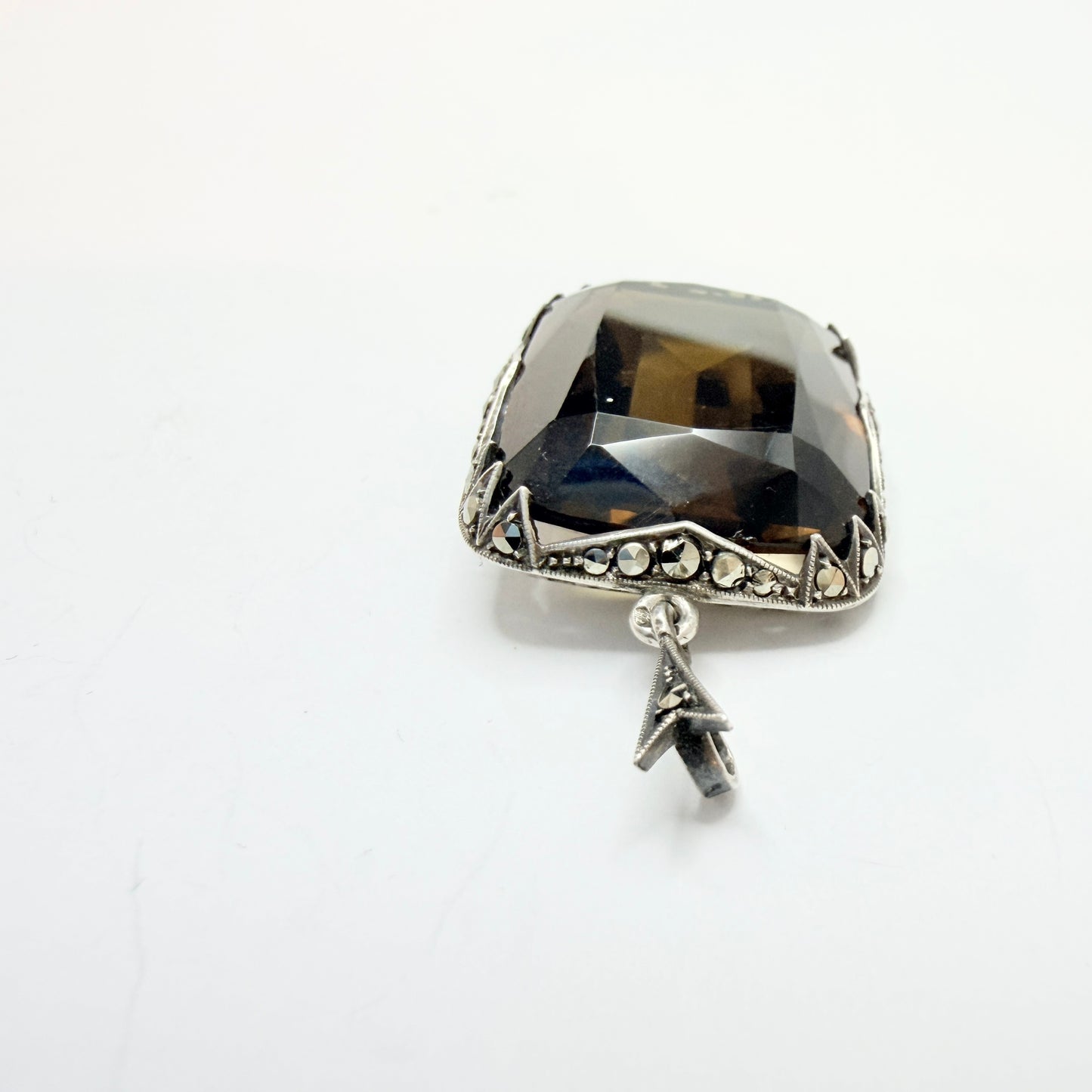 Maker JF. Vintage Art Deco Sterling 935 Silver Smoky Quartz Pendant.