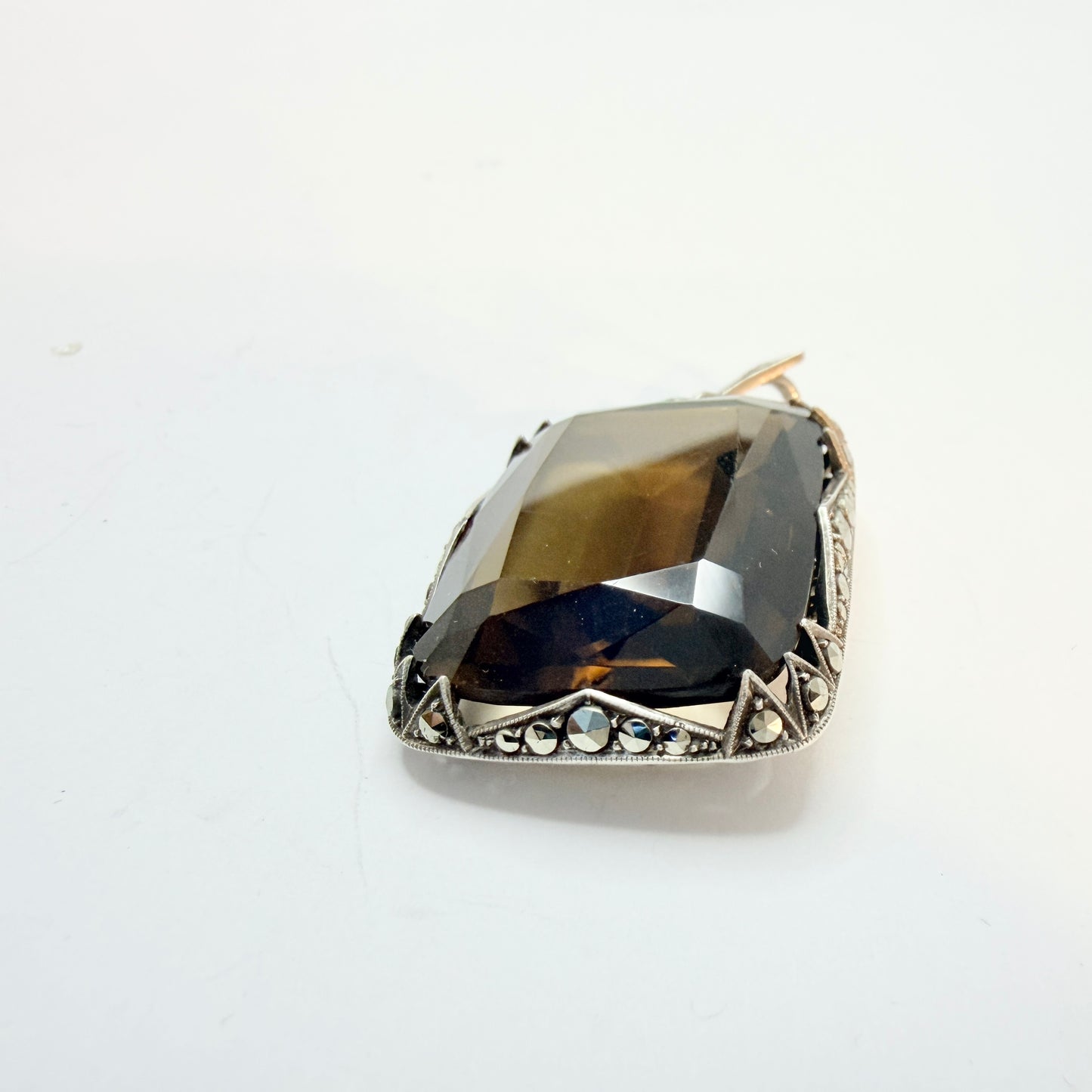 Maker JF. Vintage Art Deco Sterling 935 Silver Smoky Quartz Pendant.