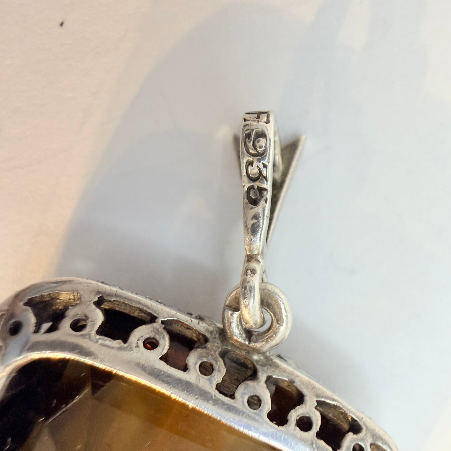 Maker JF. Vintage Art Deco Sterling 935 Silver Smoky Quartz Pendant.