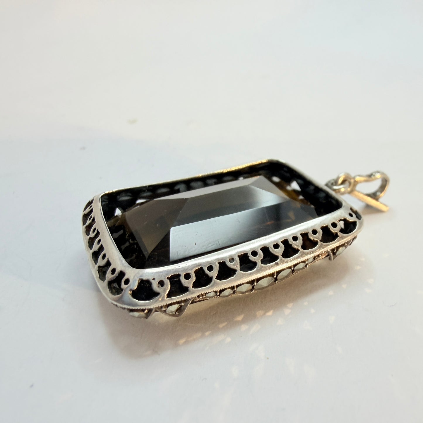 Maker JF. Vintage Art Deco Sterling 935 Silver Smoky Quartz Pendant.