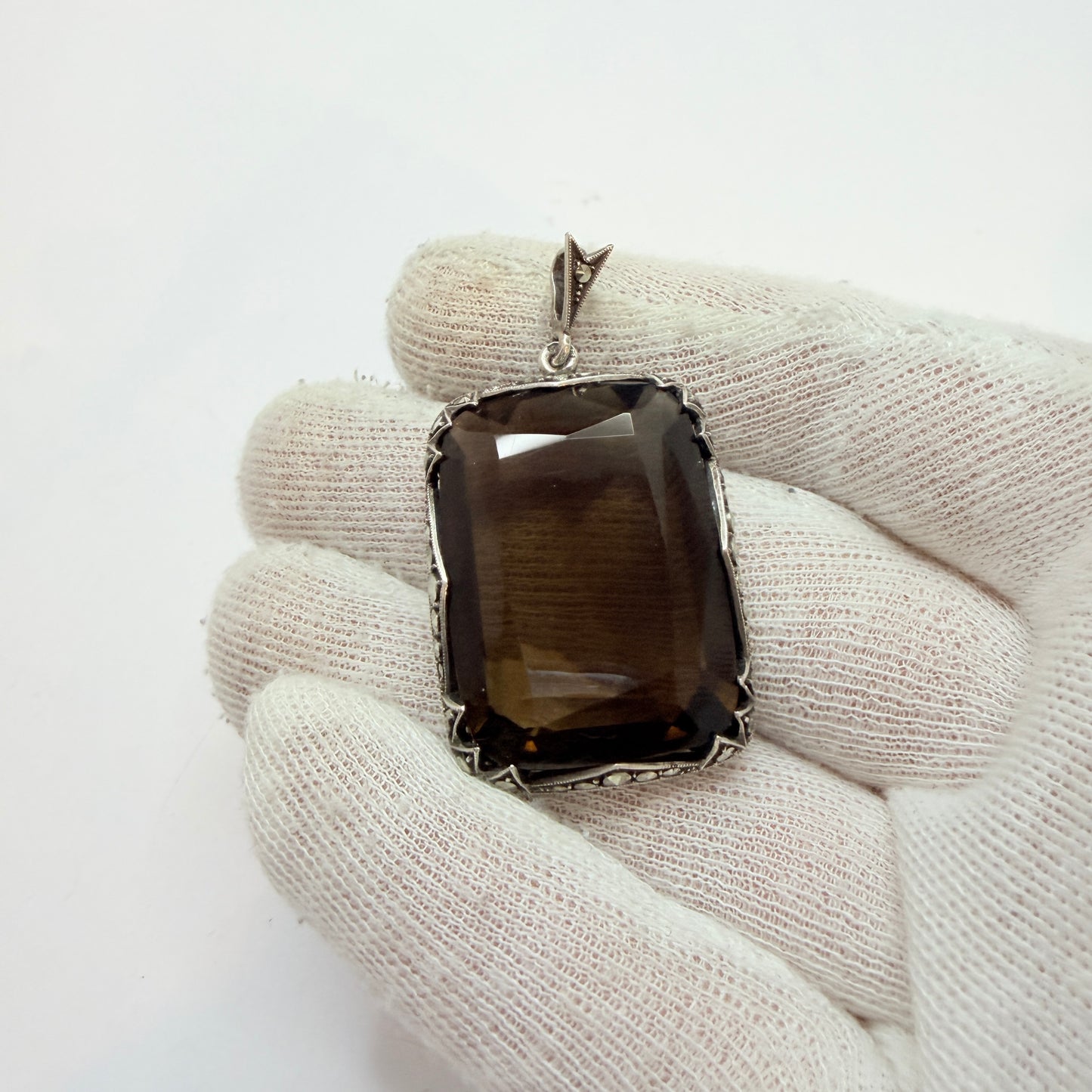 Maker JF. Vintage Art Deco Sterling 935 Silver Smoky Quartz Pendant.