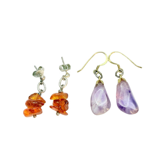Vintage Solid Silver Amber Amethyst 2 Pairs of Earrings.