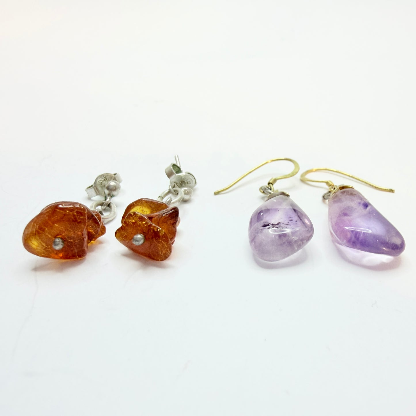 Vintage Solid Silver Amber Amethyst 2 Pairs of Earrings.