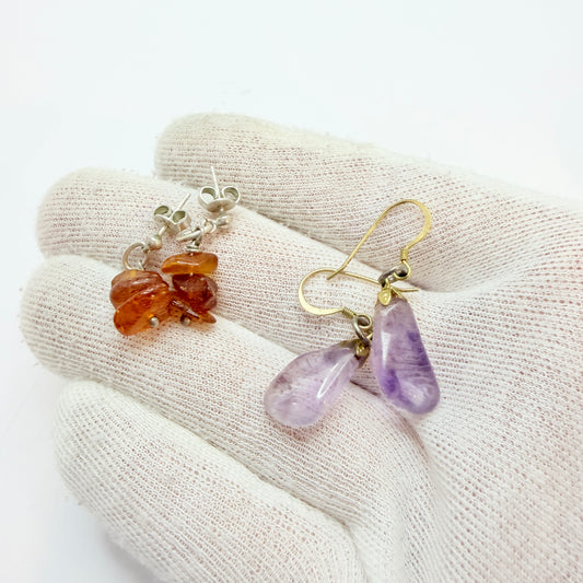Vintage Solid Silver Amber Amethyst 2 Pairs of Earrings.