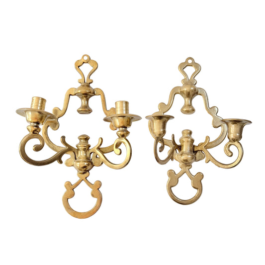 Two Vintage Yellow Metal Wall Sconces Candleholders.