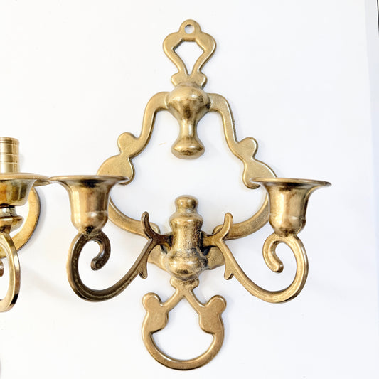 Two Vintage Yellow Metal Wall Sconces Candleholders.