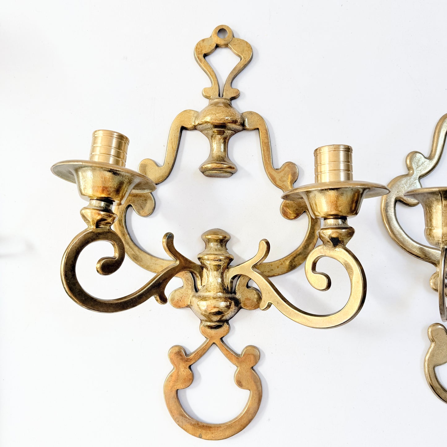 Two Vintage Yellow Metal Wall Sconces Candleholders.