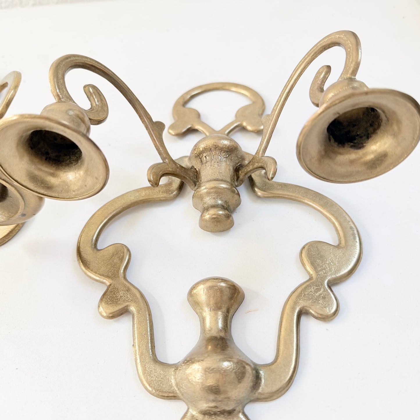 Two Vintage Yellow Metal Wall Sconces Candleholders.