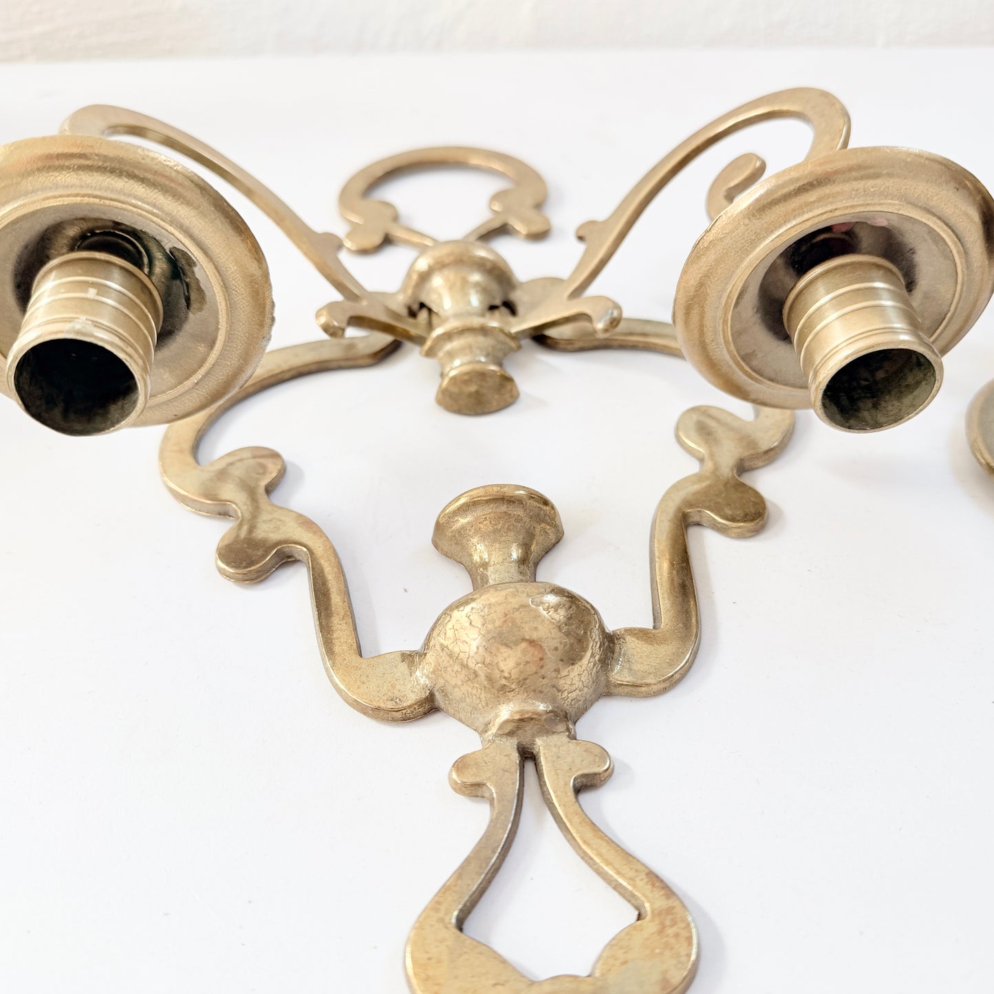 Two Vintage Yellow Metal Wall Sconces Candleholders.