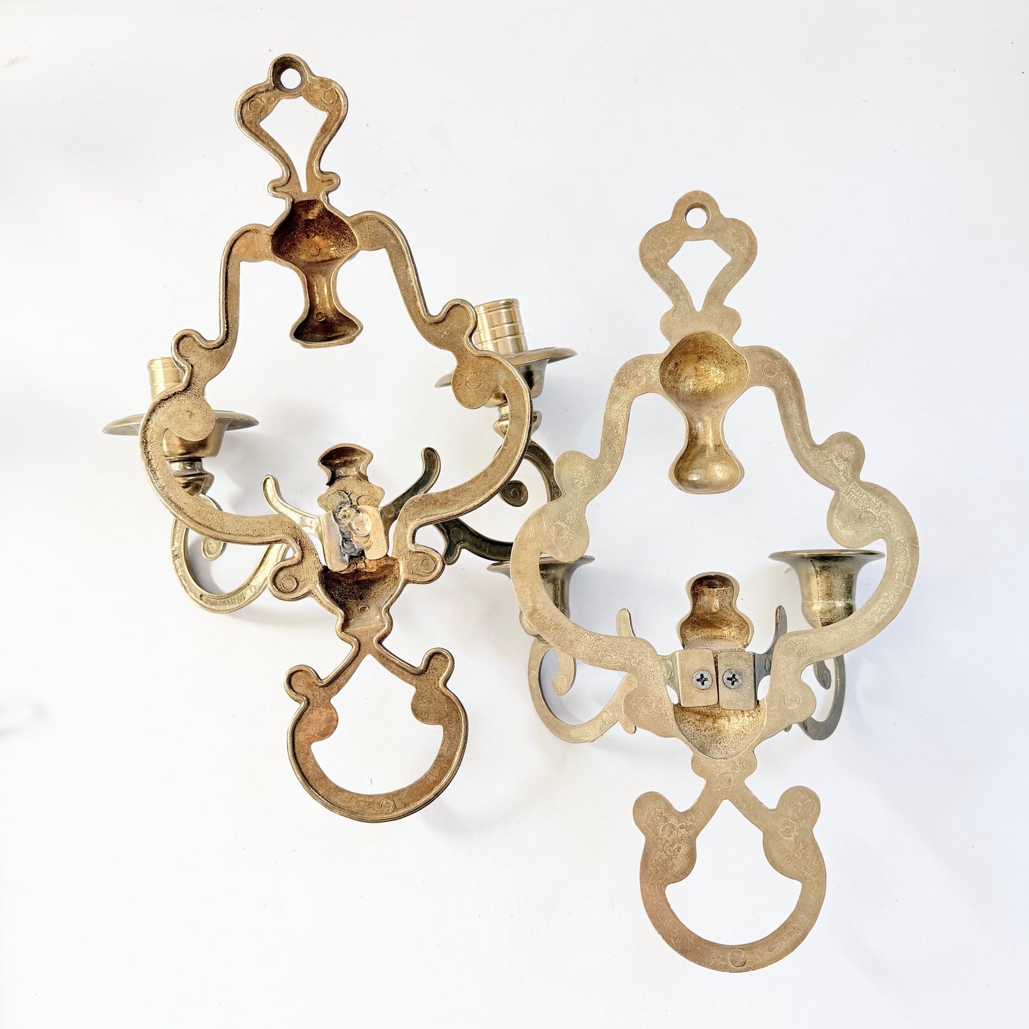 Two Vintage Yellow Metal Wall Sconces Candleholders.