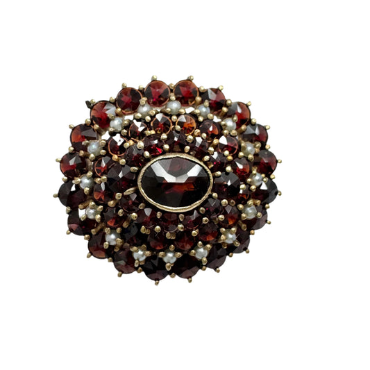 Vintage Garnet Seed-Pearl Gilt Metal Brooch.