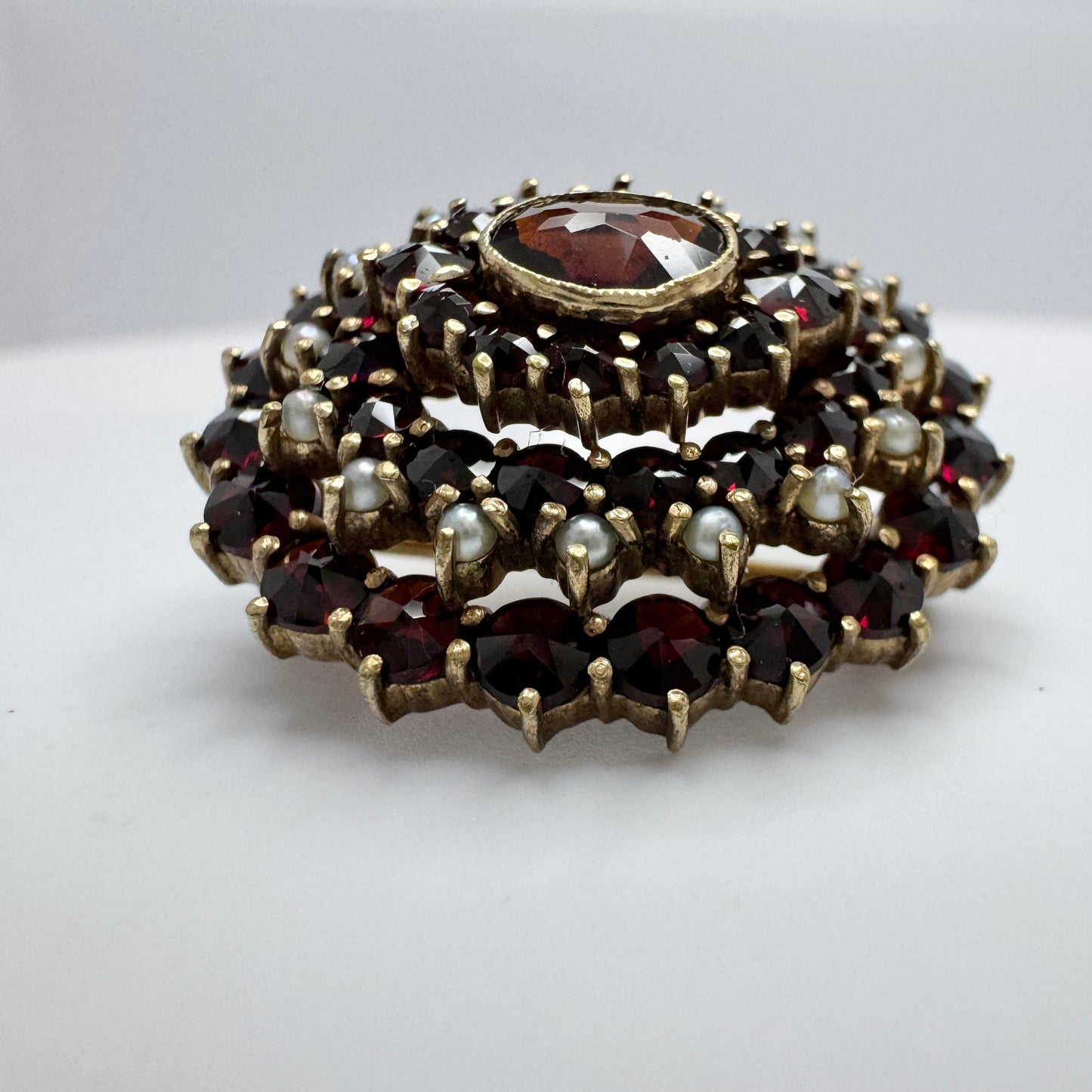 Vintage Garnet Seed-Pearl Gilt Metal Brooch.