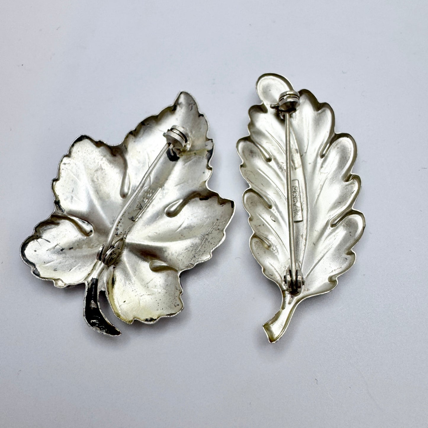 TeKa, Germany c 1950s. Two Vintage Solid Silver Leaf Brooches.
