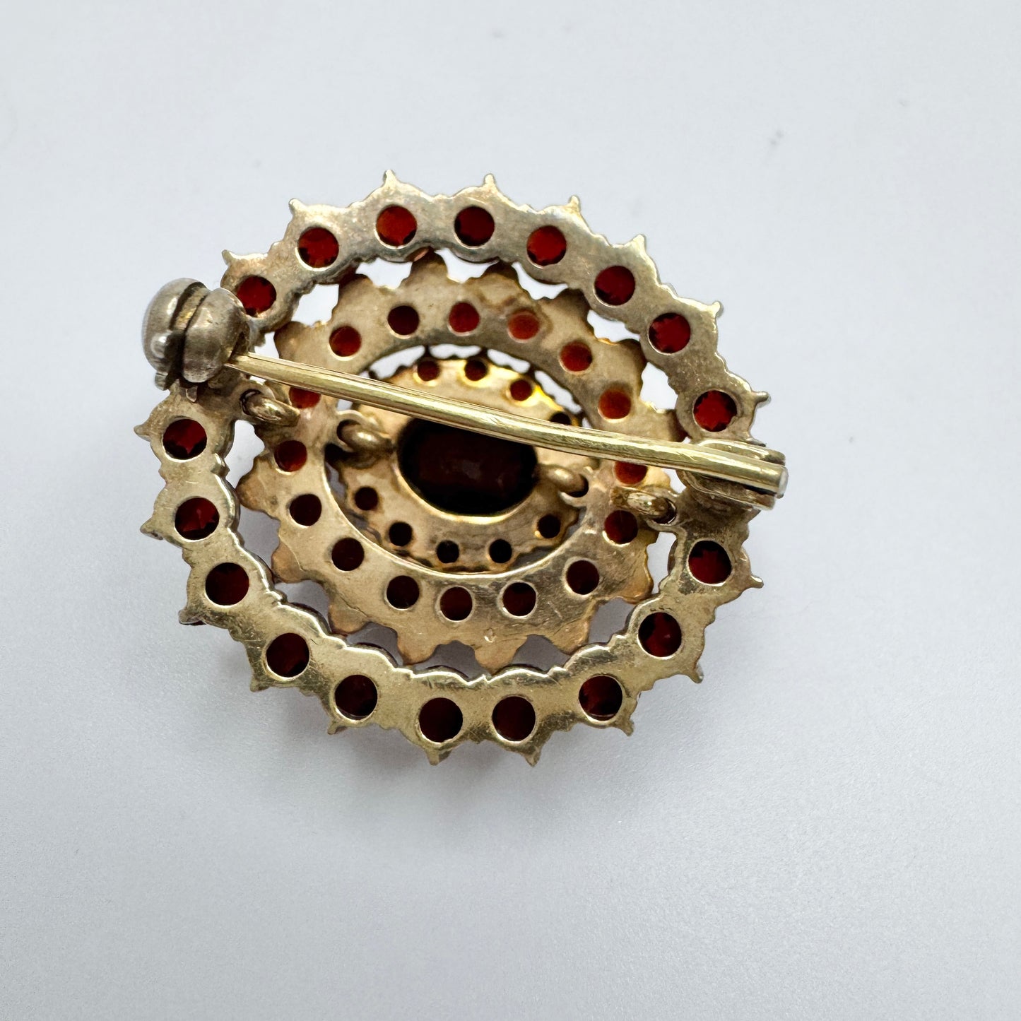 Vintage Garnet Seed-Pearl Gilt Metal Brooch.