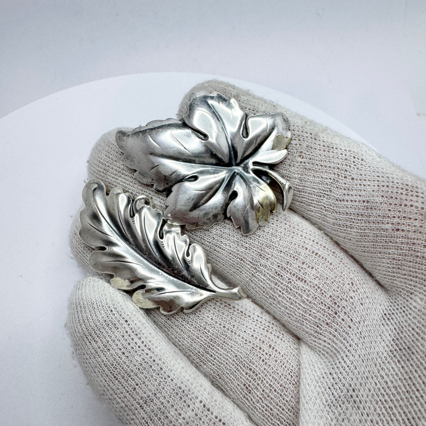 TeKa, Germany c 1950s. Two Vintage Solid Silver Leaf Brooches.