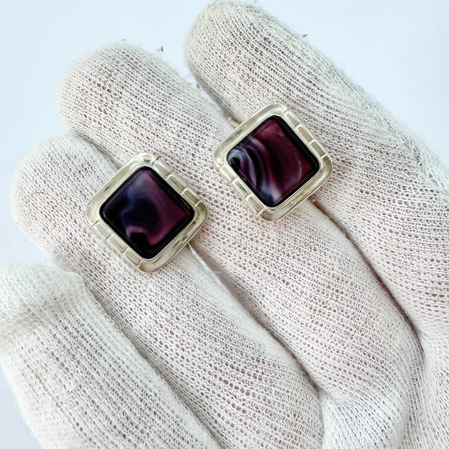 Vintage c 1960s Solid Silver Agate Cufflinks.