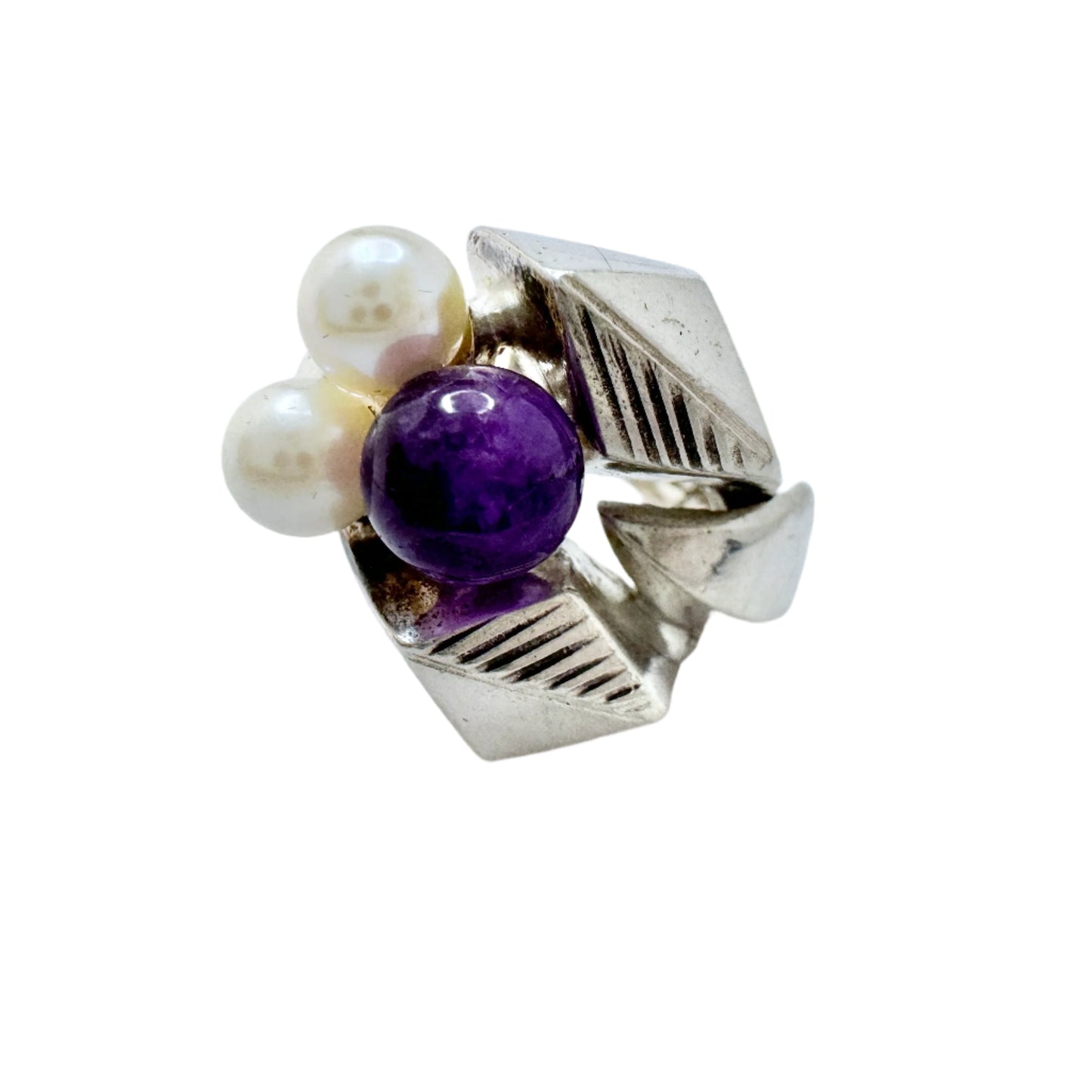 Robbert for Nordisk Kokusai, Sweden 1975. Vintage Sterling Silver Amethyst Pearl Ring.