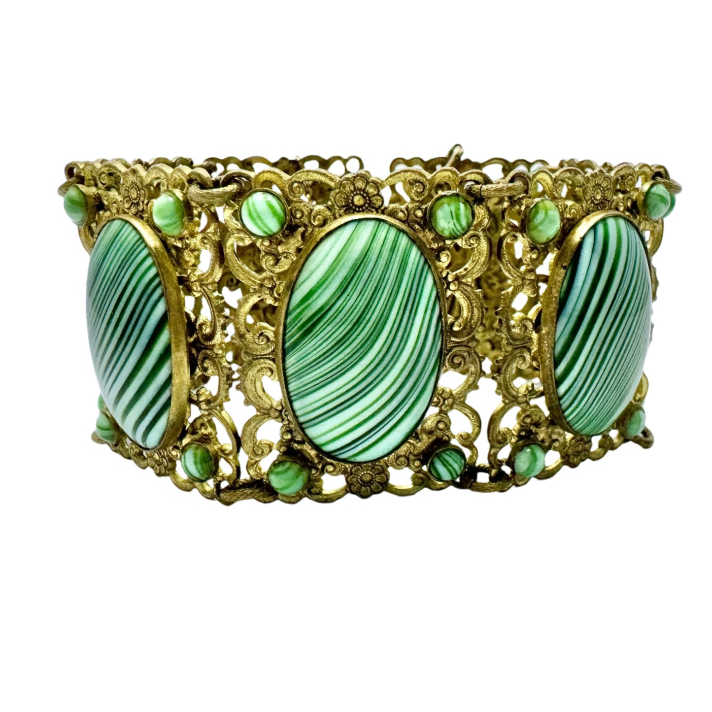 Czechoslovakia Vintage 1930-40s. Gilt Metal Glass-Malachite Panel Bracelet.