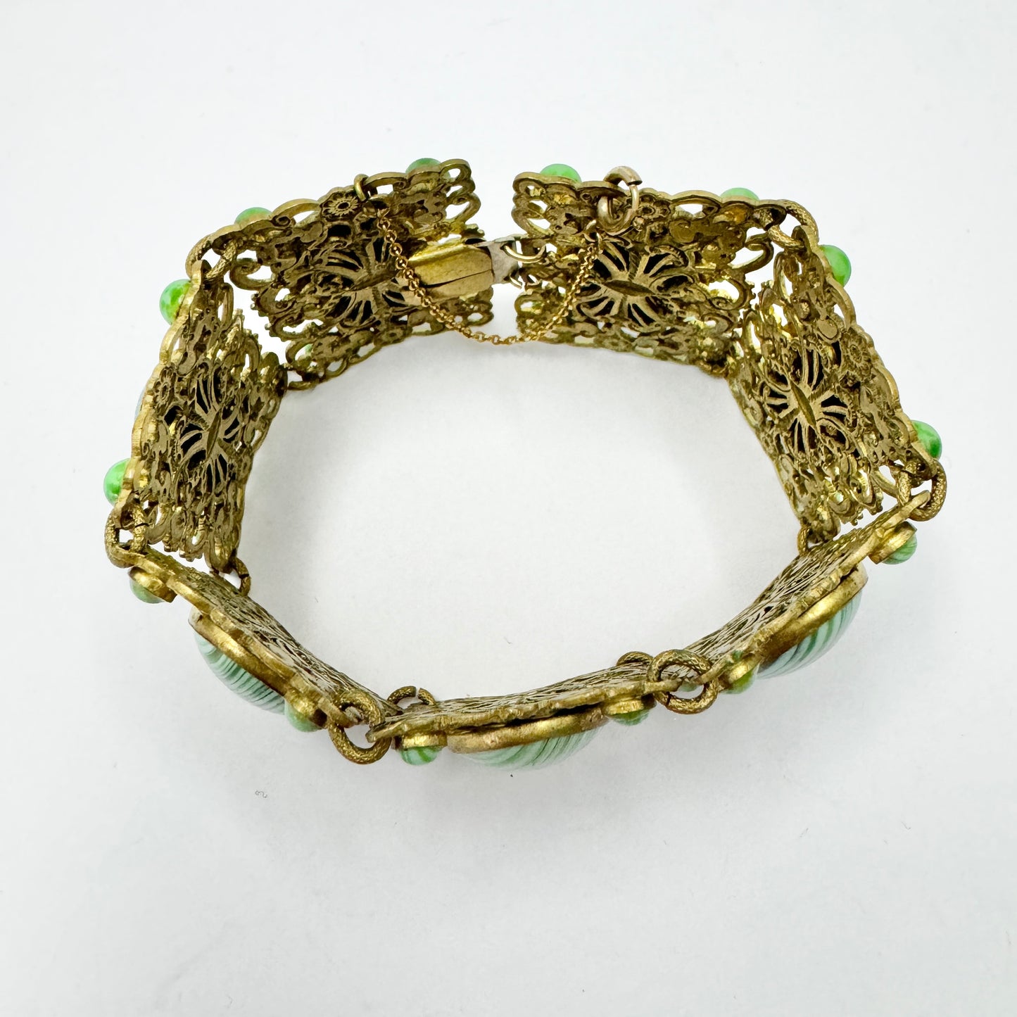 Czechoslovakia Vintage 1930-40s. Gilt Metal Glass-Malachite Panel Bracelet.