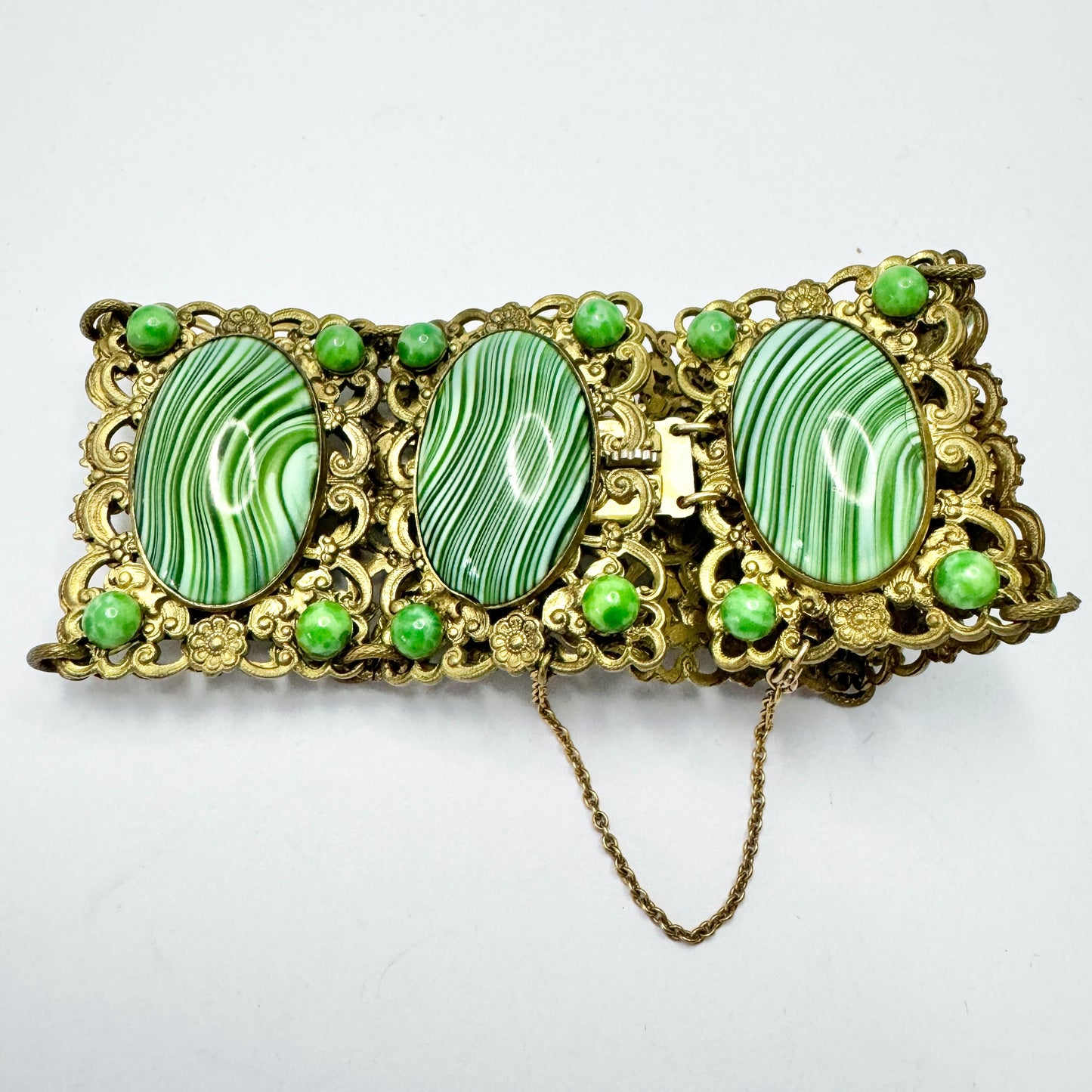 Czechoslovakia Vintage 1930-40s. Gilt Metal Glass-Malachite Panel Bracelet.