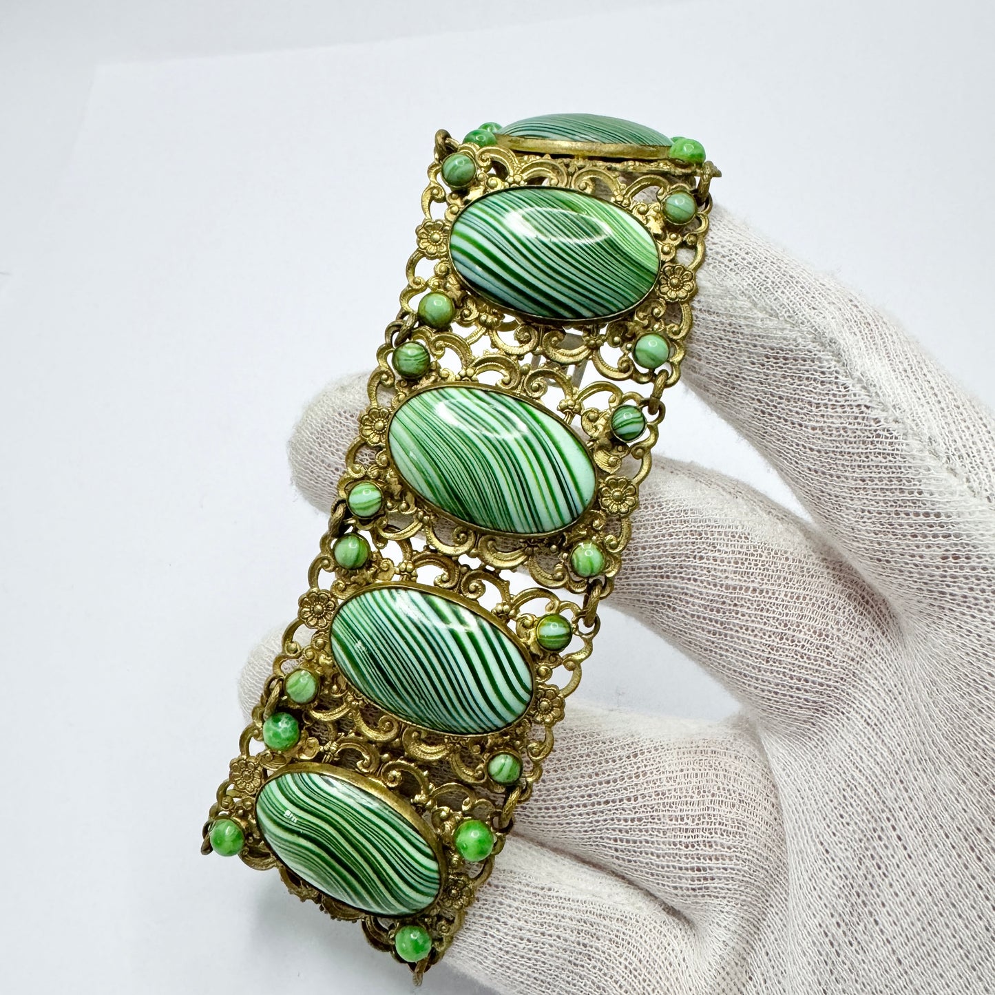 Czechoslovakia Vintage 1930-40s. Gilt Metal Glass-Malachite Panel Bracelet.