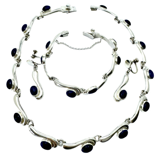 TD-04, Mexico. Vintage Sterling Silver Lapsi Lazuli Necklace, Bracelet and Earrings.