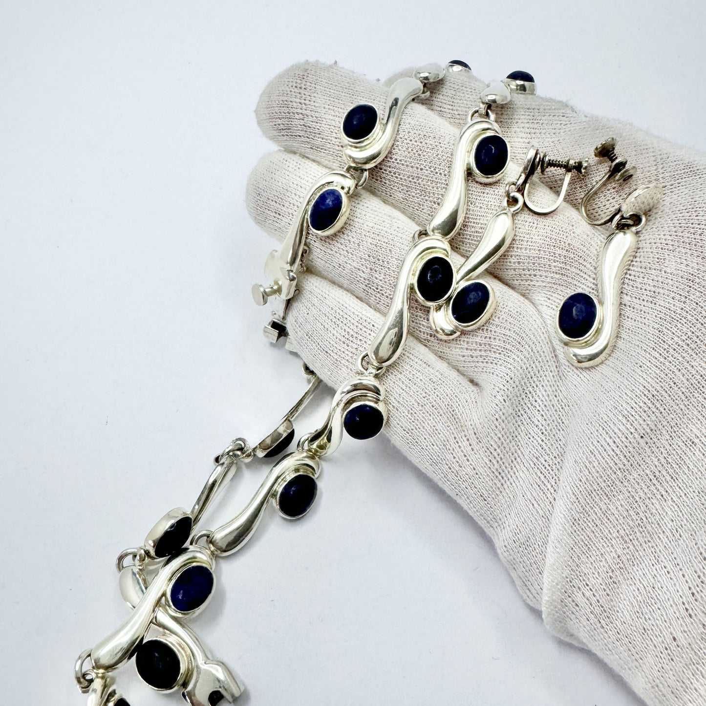 TD-04, Mexico. Vintage Sterling Silver Lapsi Lazuli Necklace, Bracelet and Earrings.