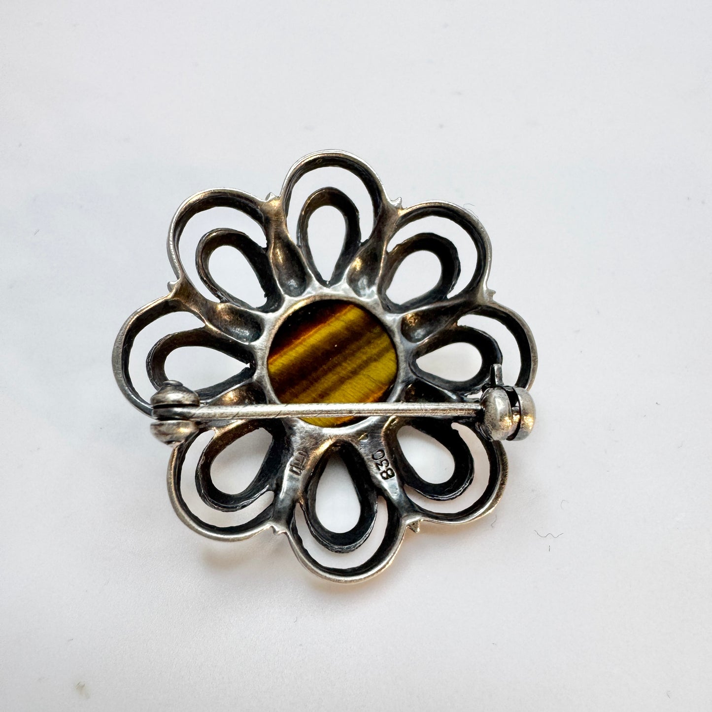 Germany c 1960. Vintage Solid Silver Tiger's Eye Brooch.