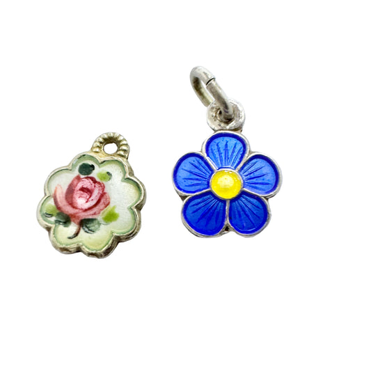 Norway ca 1960s Vintage Sterling Silver Enamel Flower Charms.