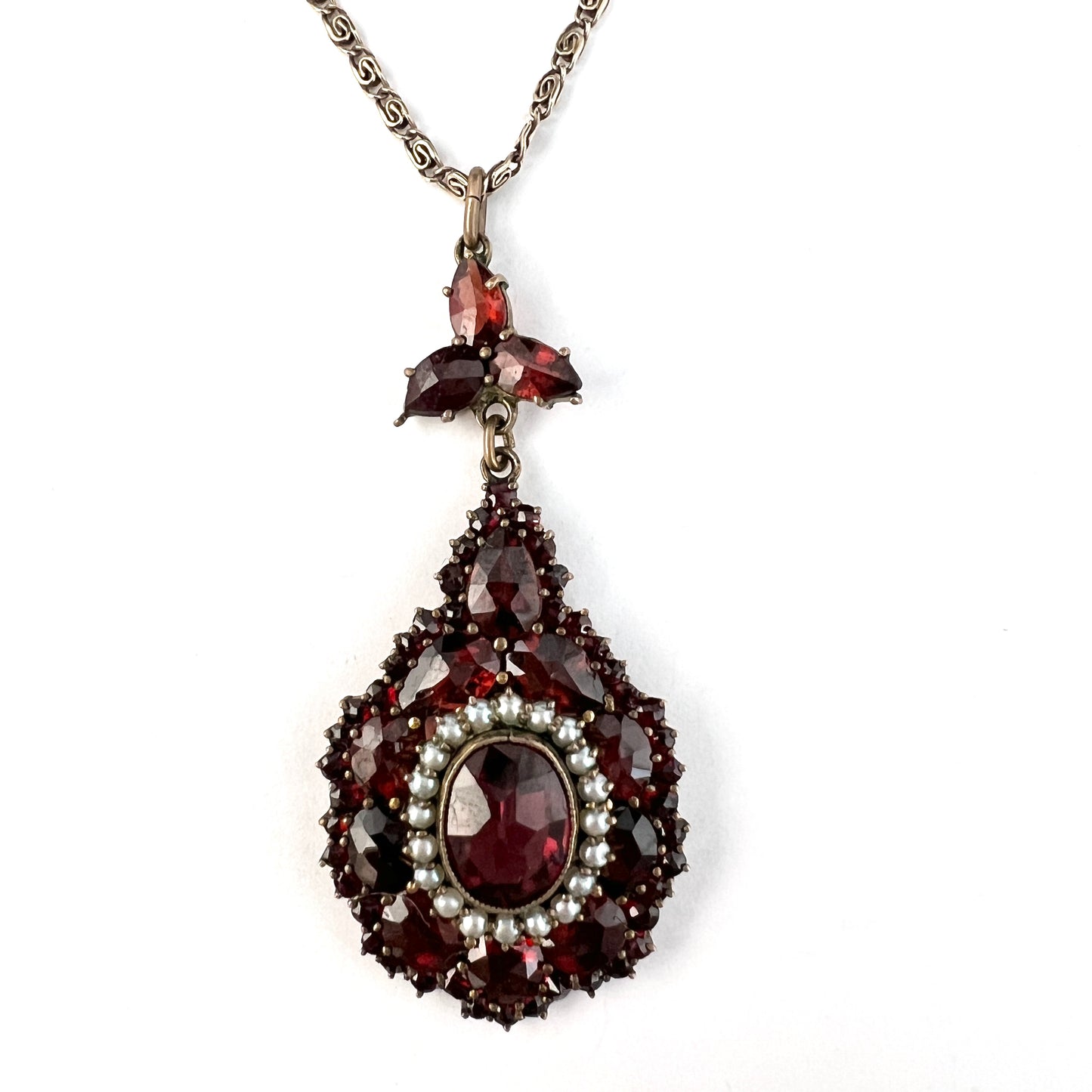 Early 1900s Bohemian Garnet Seed Pearl Pendant Solid Silver Chain.