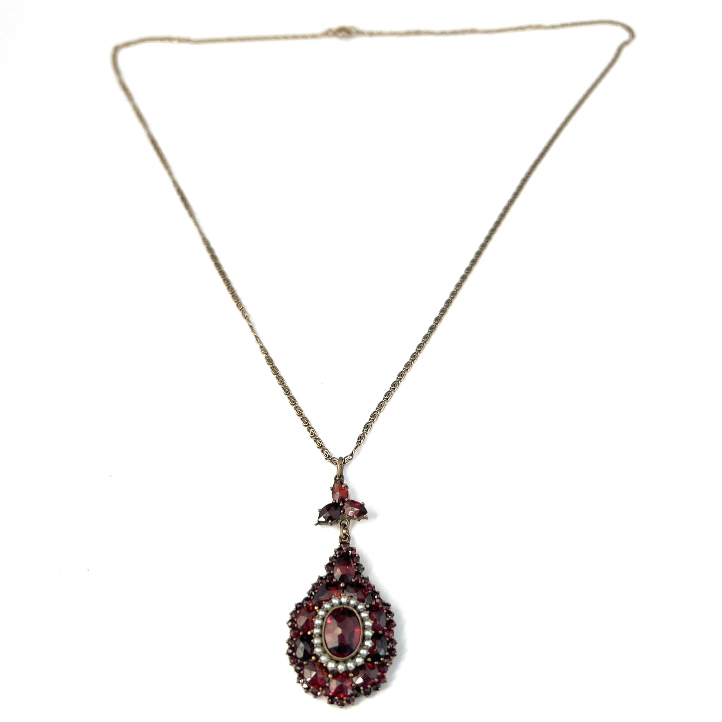 Early 1900s Bohemian Garnet Seed Pearl Pendant Solid Silver Chain.