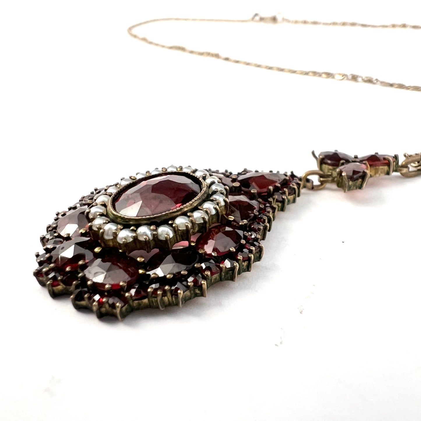 Early 1900s Bohemian Garnet Seed Pearl Pendant Solid Silver Chain.