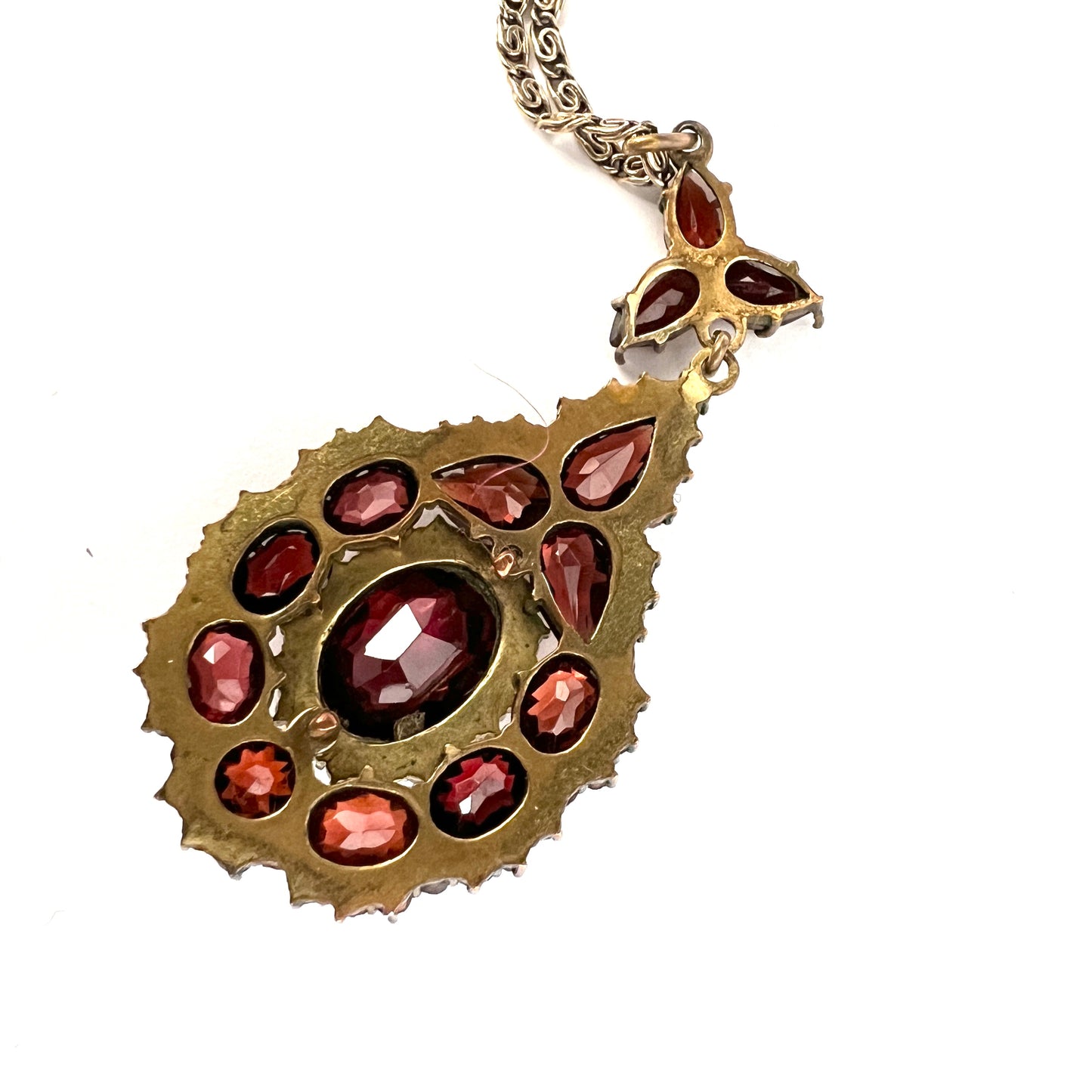 Early 1900s Bohemian Garnet Seed Pearl Pendant Solid Silver Chain.