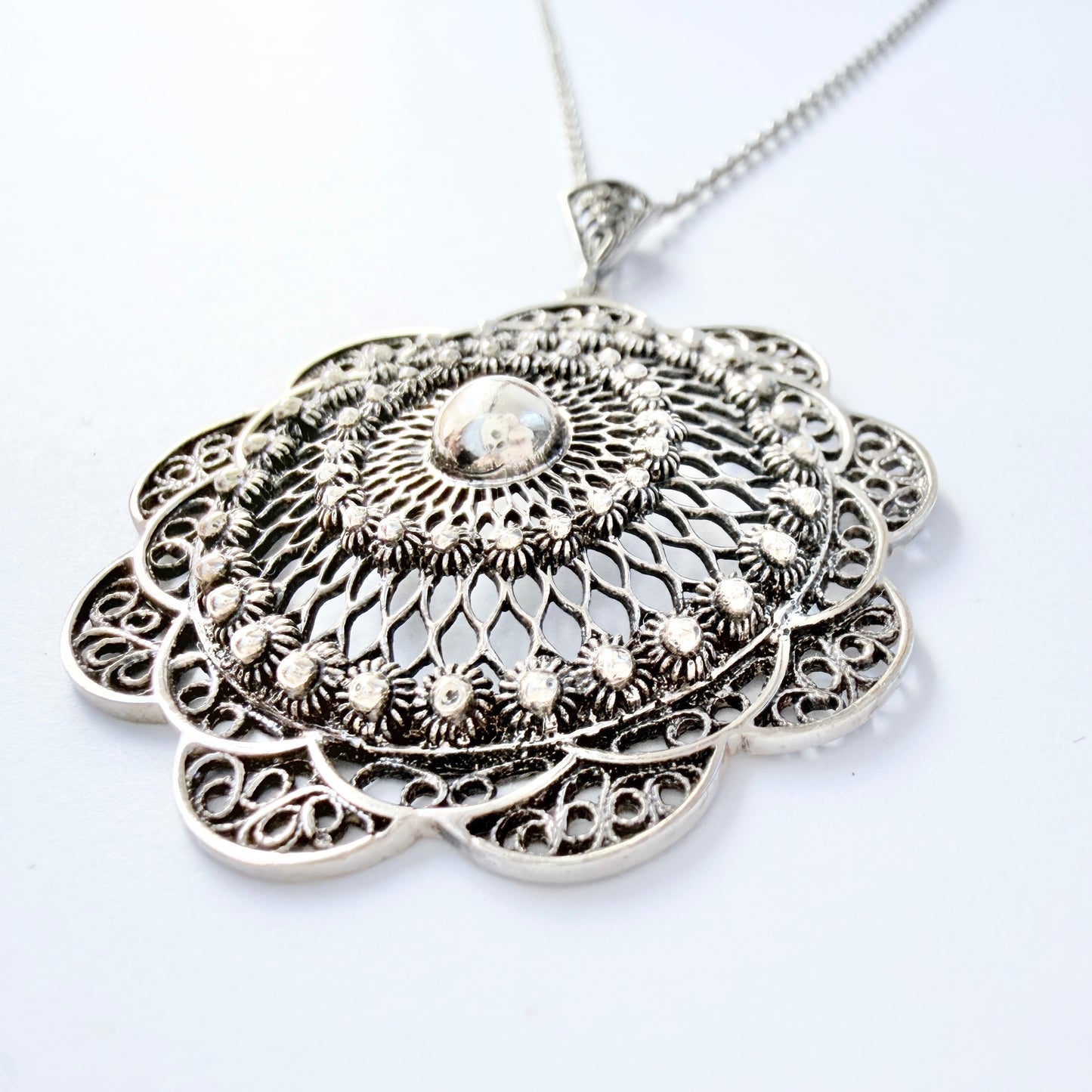 Germany 1930-40s. Vintage Solid Silver Pendant Long Chain Necklace.