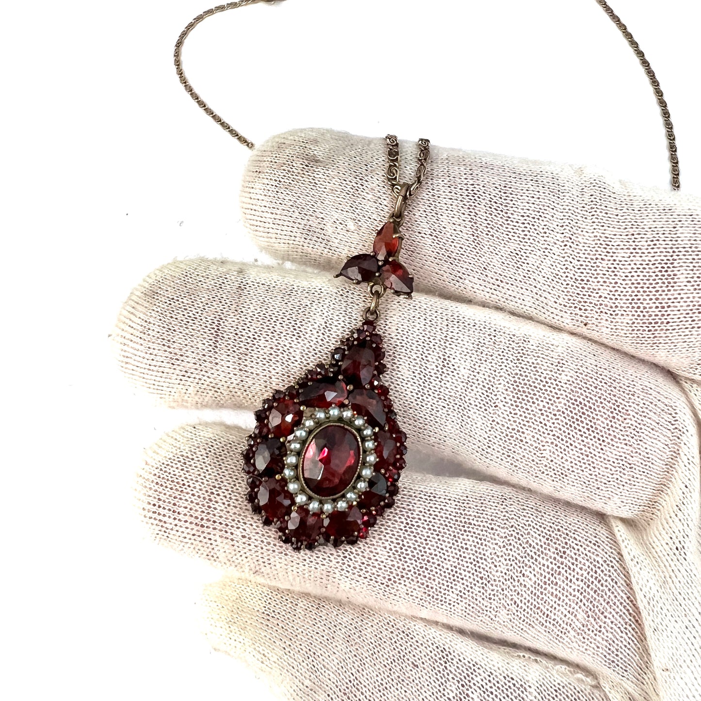 Early 1900s Bohemian Garnet Seed Pearl Pendant Solid Silver Chain.