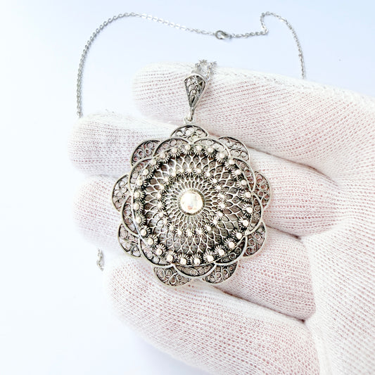 Germany 1930-40s. Vintage Solid Silver Pendant Long Chain Necklace.