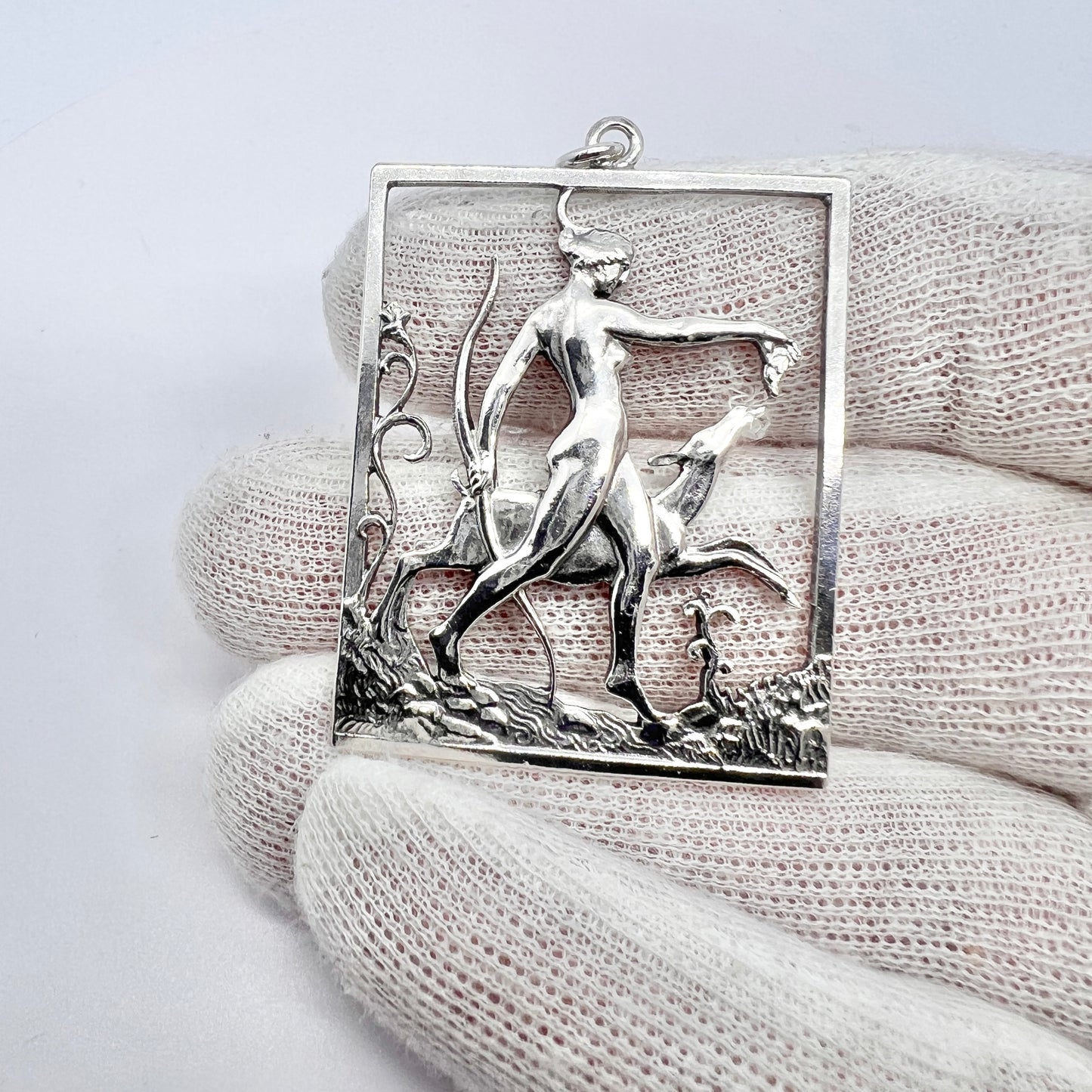 Tore Strindberg for Sporrong, Sweden 1946. Sterling Silver Godess Diana Pendant. Signed