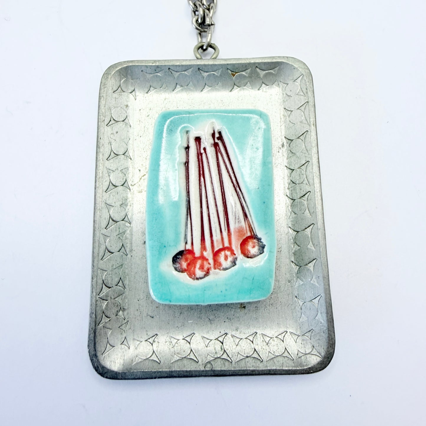 Design 68, Denmark ca 1970. Vintage Pewter Ceramic Pendant Necklace.